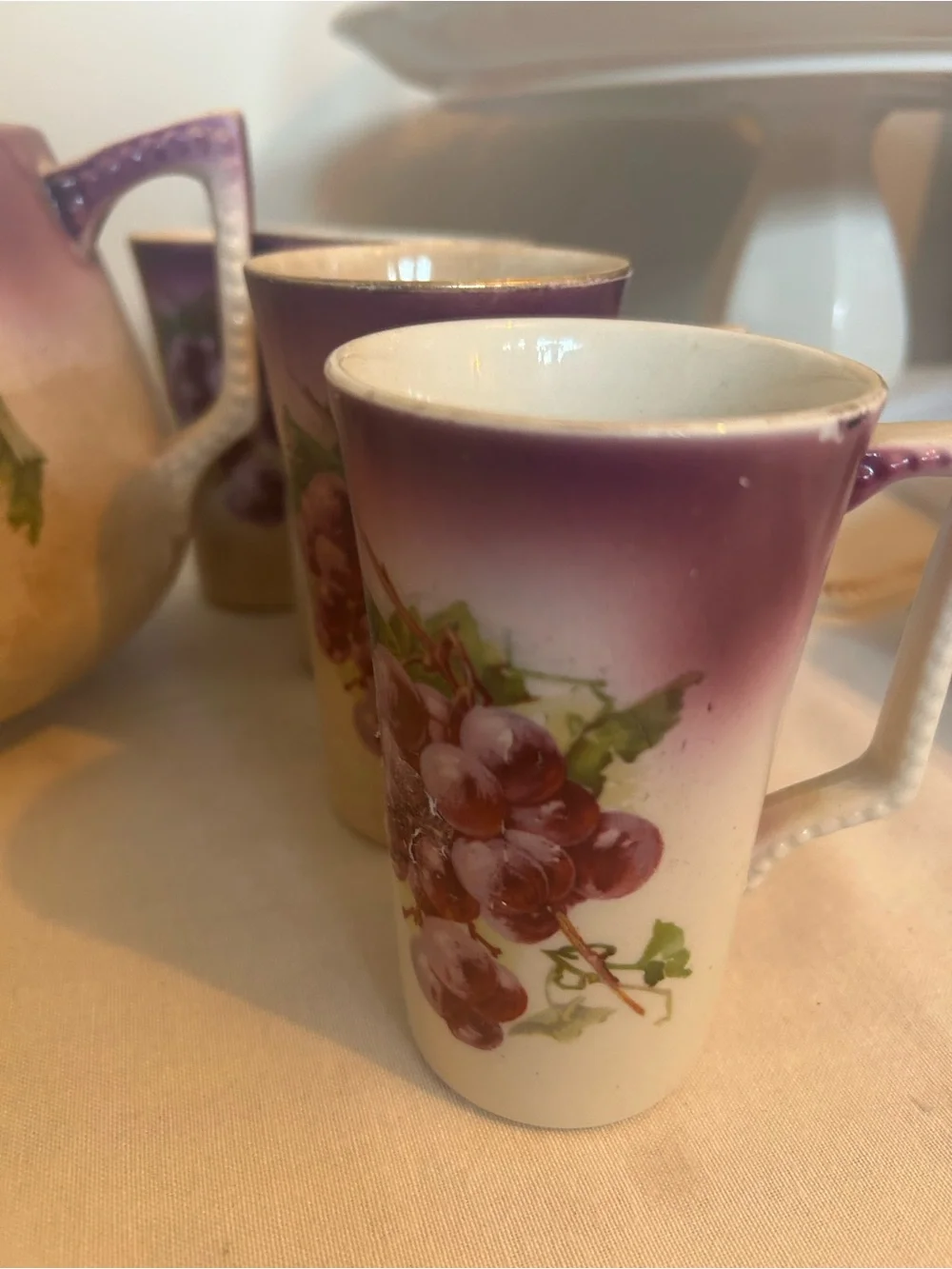 Antique Victorian grape lemonade or cider Pitcher and 8 Mug Set Dresden 1890s